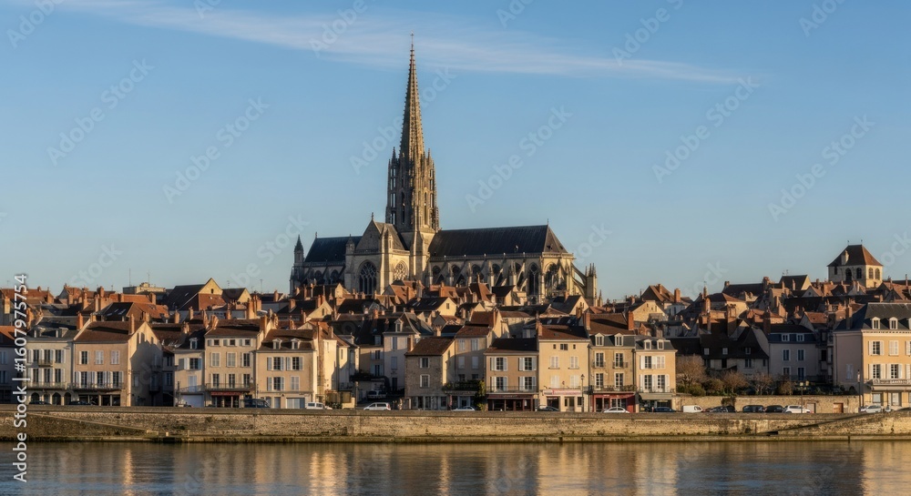 Obraz premium Townscape with a gothic cathedral spire on a clear day