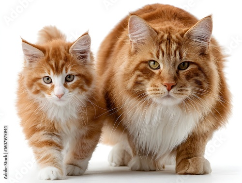 A fluffy orange kitten cautiously walks next to its majestic mother against a clean white background scene.