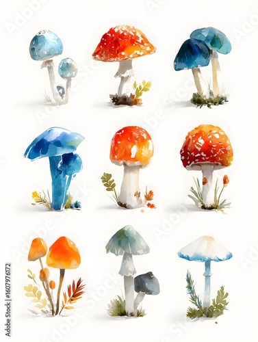 Watercolor painting showcases diverse mushroom species with captivating colors and delicate natural details.