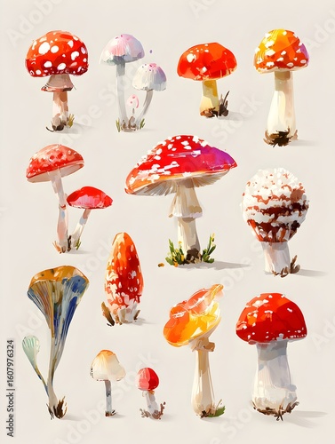 Artistic arrangement shows multiple colorful mushrooms of different types in an illustration style image.