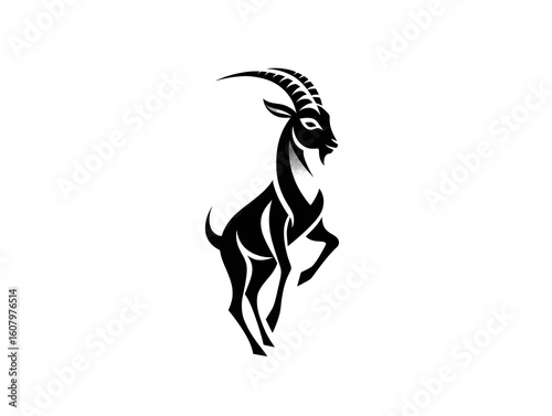 An elegant black and white illustration showcases a stylized mountain goat standing proudly on a white backdrop.