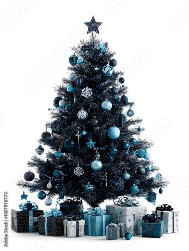 A lovely decorated Christmas tree with blue ornaments and gifts underneath on a white studio background.
