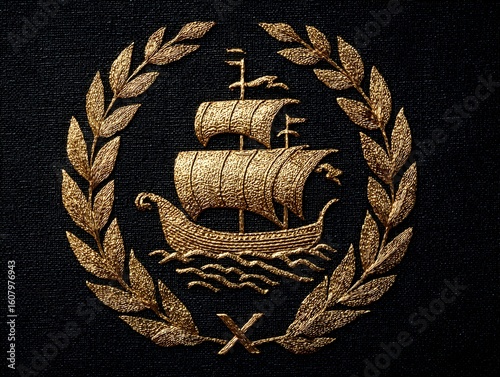 An exquisite gold embossed ship with detailed sails surrounded by a laurel wreath on black paper craftwork.