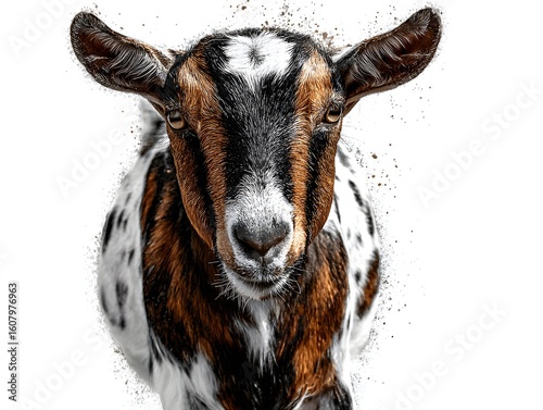 A cute goat with a unique brown and white coat gazes directly forward against a stark white background image.