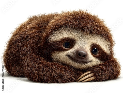 A charming fluffy baby sloth with a sweet smile rests peacefully on a pure white isolated background image.