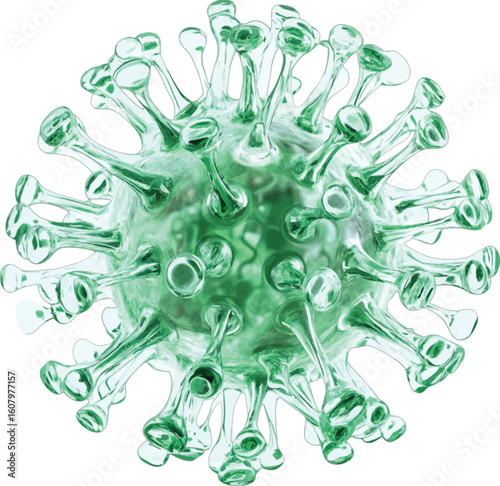 Green virus particle with spike proteins microscopic biology