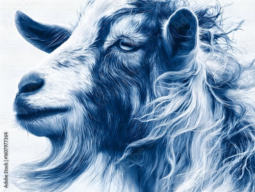 Digital artistic rende of a proud goat in close up showcases its majestic facial features and beard.