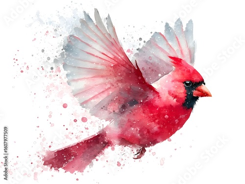 A vibrant red cardinal soars gracefully through the air depicted in a beautiful watercolor painting style.
