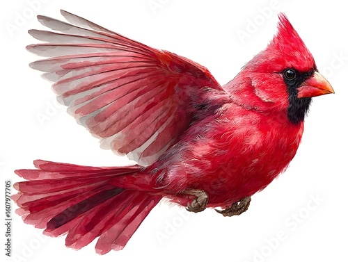 A vibrant red cardinal is captured in flight, its wings gracefully spread against a white background scene.