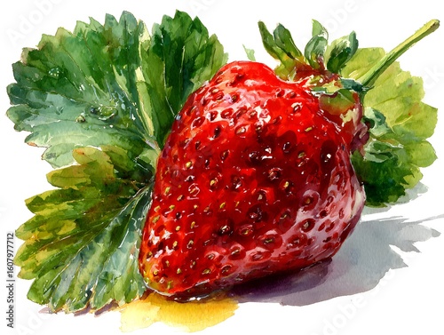A watercolor painting presents a single, vibrant red strawberry resting next to wet, lush green leaves.