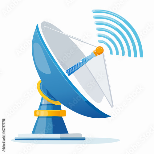 A stylized illustration of a blue satellite dish transmitting radio waves.