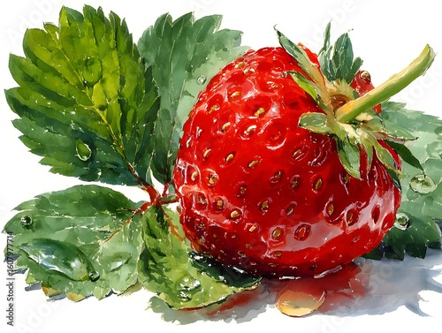 A vibrant watercolor painting depicts a ripe red strawberry surrounded by lush green leaves and water droplets.