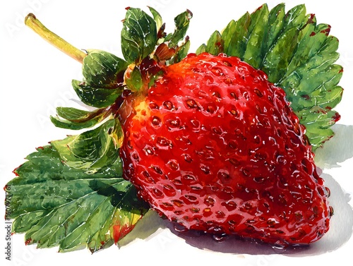 Watercolor painting depicts a single, ripe strawberry with green leaves on a white background close up.