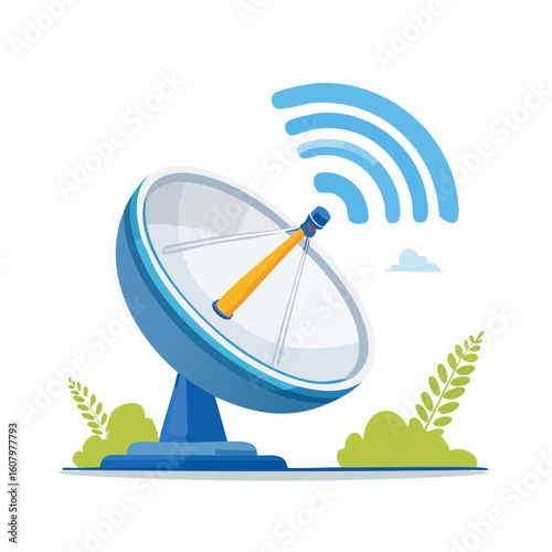 Cartoon illustration of a satellite dish antenna emitting blue signal waves, set in a grassy outdoor environment.