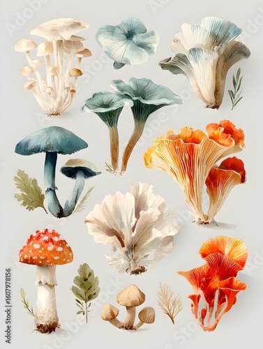 Watercolor illustration displays diverse mushrooms with unique shapes and vibrant colors on a plain background.