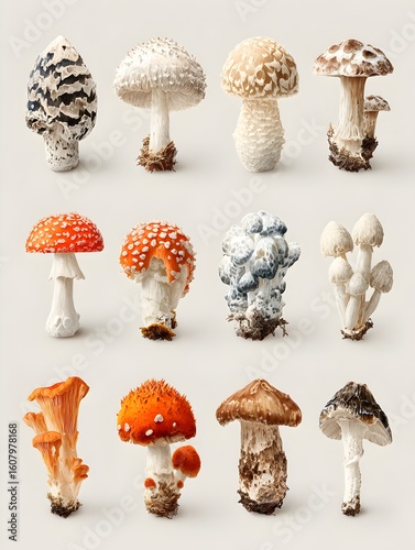 An assortment of diverse and beautiful wild mushrooms arranged on a clean white background studio setting.