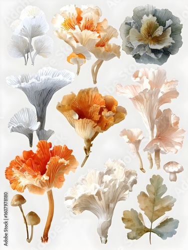 Watercolor illustration shows an array of elegant mushrooms and leafy botanical elements on light background.