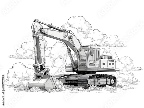 An excavator digs into the earth with fluffy clouds behind, a monotone sketch drawing illustration style.