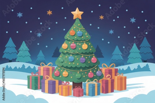 Festive Christmas Tree with Snowfall Background


