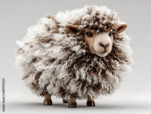 A fluffy sheep with brown and white wool stands against a plain background in a studio photograph today.