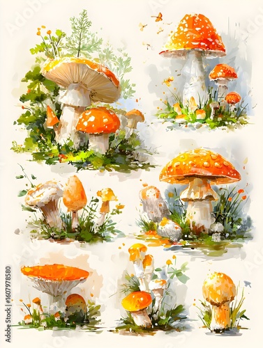 Beautiful watercolor painting features a collection of vibrant orange and white mushrooms in a forest setting.