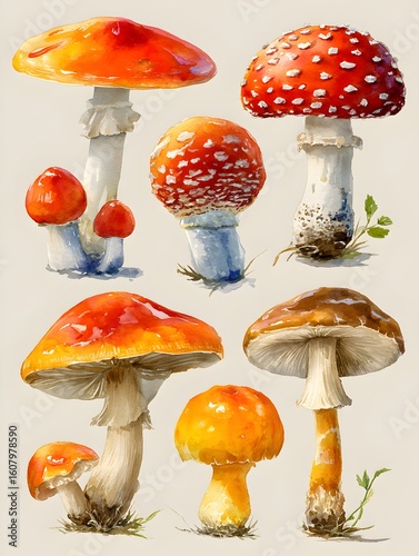 Watercolor illustration of various colorful mushrooms displayed on a beige textured background design art.