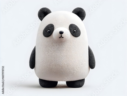 A charming panda bear plush toy stands on a white surface looking at the viewer with its gentle eyes.
