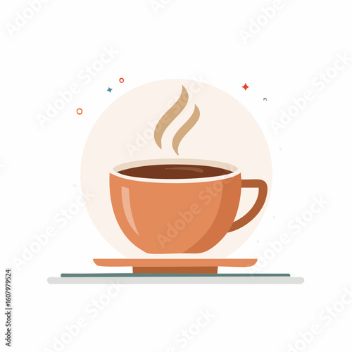 A steaming cup of coffee rests on a saucer, presented in a minimalist, flat design style.