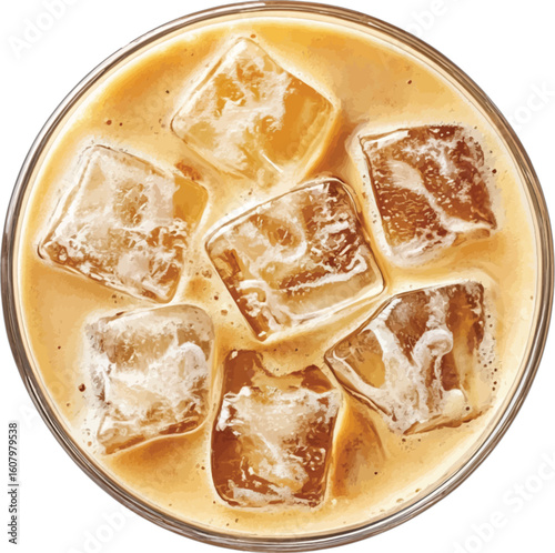 Overhead view of iced coffee with creamy foam and ice cubes beverage drink