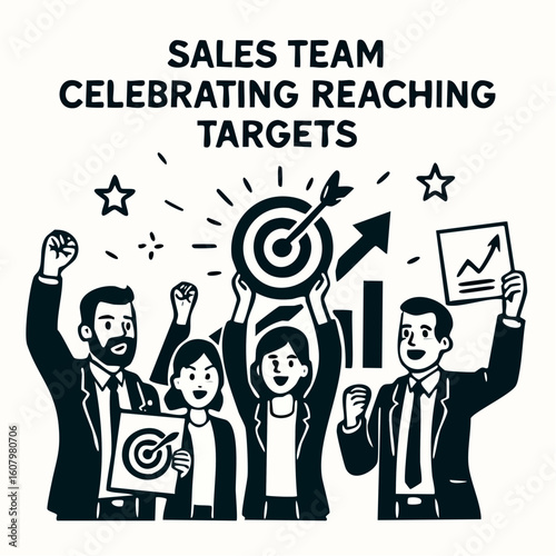 Joyful sales team celebrates achieving ambitious sales targets, showcasing unity and success.