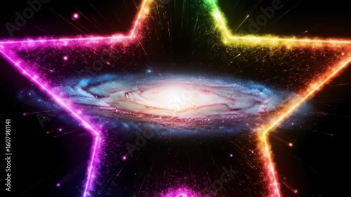 Cosmic Star Portal: Rainbow Outline Galaxy with Sparkling Light Streaks in Deep Space