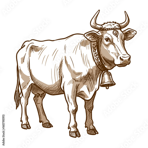 Sacred cow standing with a bell around its neck in sepia tone  