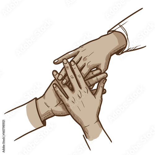 Three hands together in a supportive gesture drawing  