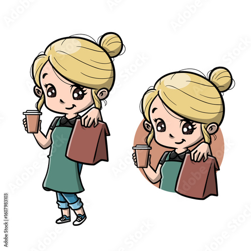 Cute blonde girl with coffee and food in an illustration suitable for promotions, food blogs, and lifestyle websites holds coffee and food in illustration, suitable for blog posts, promotional