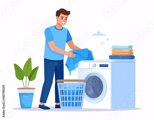 Man doing laundry at home with washing machine and basket illustration