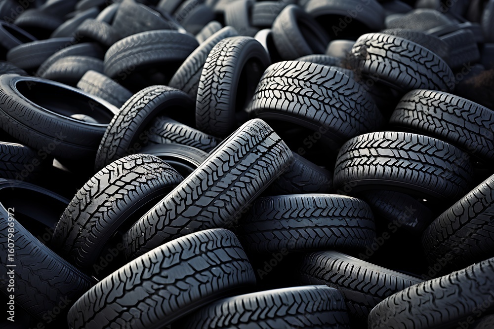 Fototapeta premium A large pile of used black car tires stacked randomly on top of each other in an outdoor setting