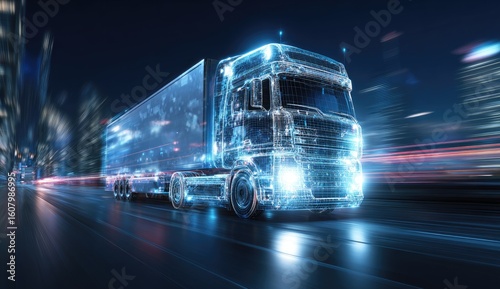Fototapeta Naklejka Na Ścianę i Meble -  Futuristic translucent truck moving fast on city street at night