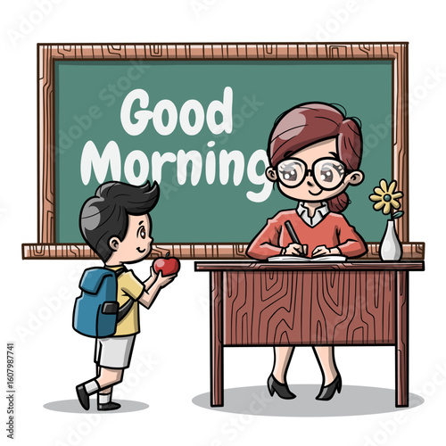 Boy handing apple to teacher, showing appreciation and kindness in classroom setting. Perfect for educational, school, gratitude, teaching concepts.
