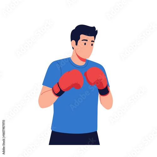 A man in a blue shirt wearing red boxing gloves, standing in a defensive stance, ready to fight.