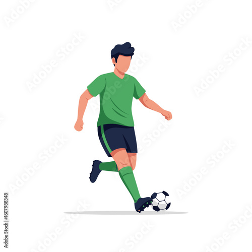 A soccer player in a green jersey and black shorts dribbles a soccer ball on a white background.