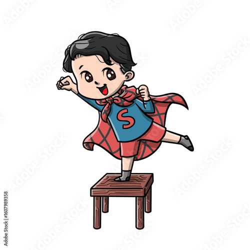Superhero boy in a red cape stands proudly on a stool. Suitable for childrens books, websites, and social media content.
