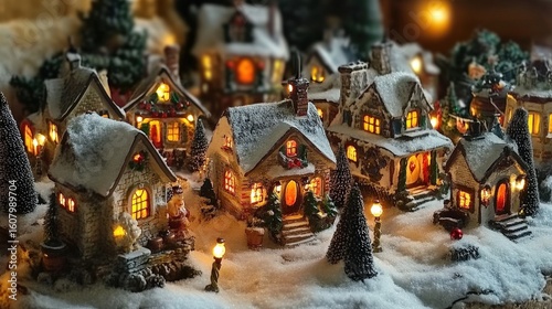 Cozy miniature village scene with lit houses.