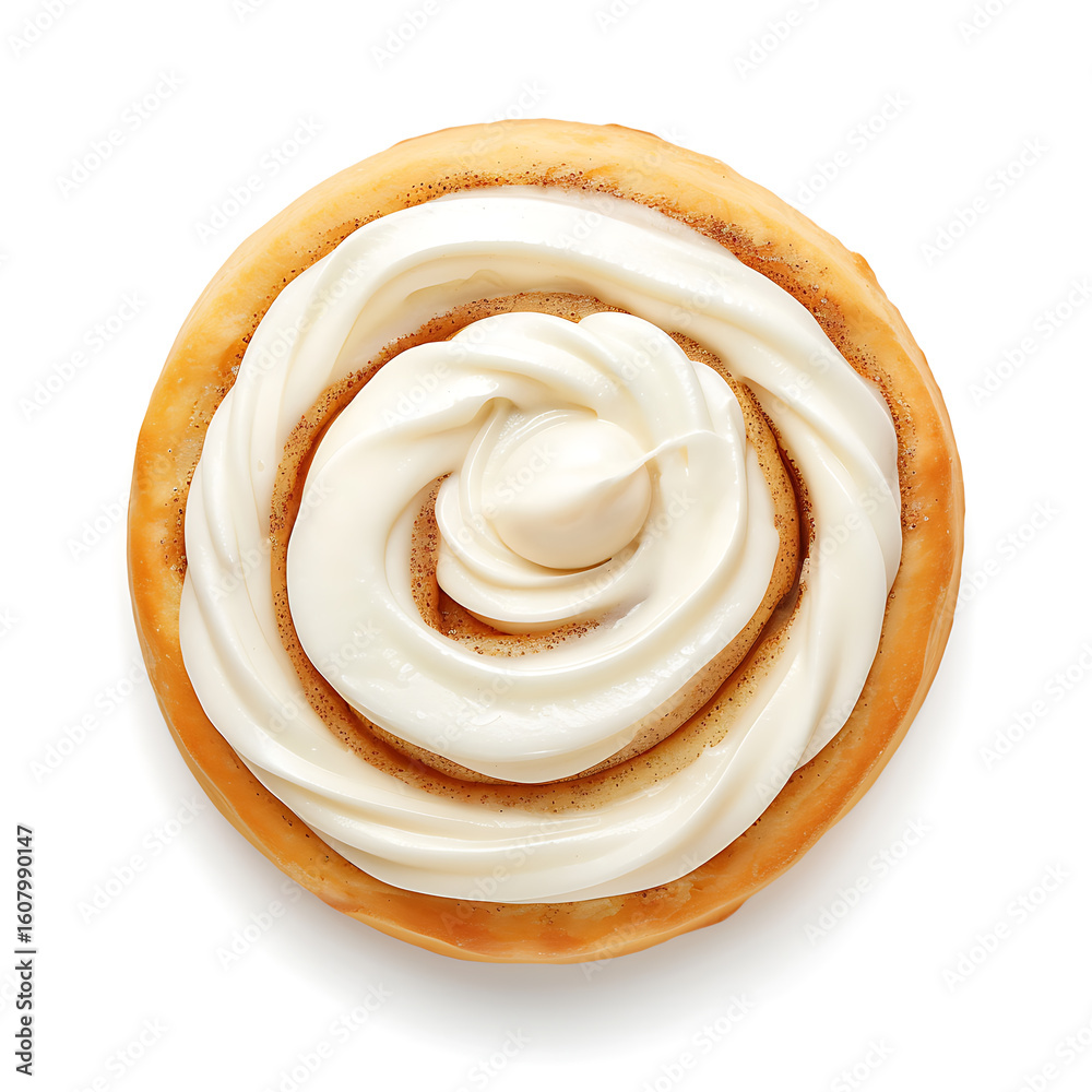 Fototapeta premium Top View of a Frosted Cinnamon Roll with Swirled Cream Cheese Icing