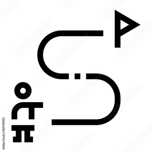 Icono de ruta hacia la meta. Persona con línea de trayecto hacia una bandera de meta. Objetivos, planificación y progreso. Ilustración vectorial 
