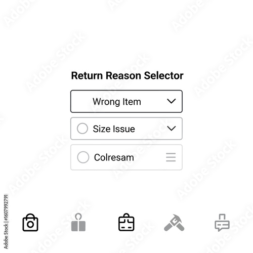 A screenshot of a "Return Reason Selector" interface with dropdown menus and radio buttons for selecting reasons for returning an item.