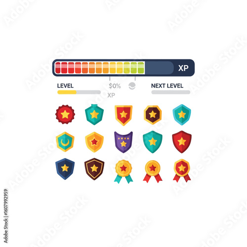 Game user interface element showcasing a progress bar, level indicator, and a collection of colorful shield and medal badges.