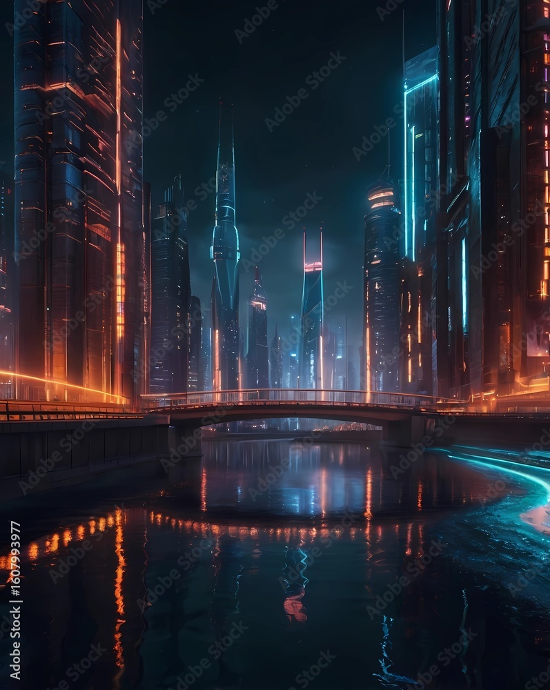 Obraz premium Futuristic cityscape at night with a glowing bridge in warm orange light. Neon-lit skyscrapers in blue, pink, and purple reflect on calm water under an overcast, moody sky.