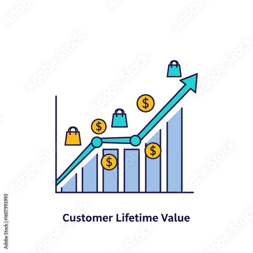 Illustration of a customer lifetime value chart with an upward trending arrow, shopping bags, dollar coins, and vertical bars.