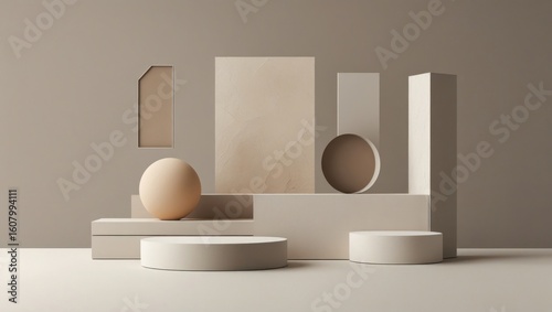 Neutral colored geometric shapes create a modern display.