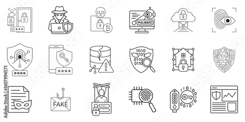 Cybersecurity Line Icons Set – Data Protection, Hacking, Malware, Privacy, and Network Security Symbols
